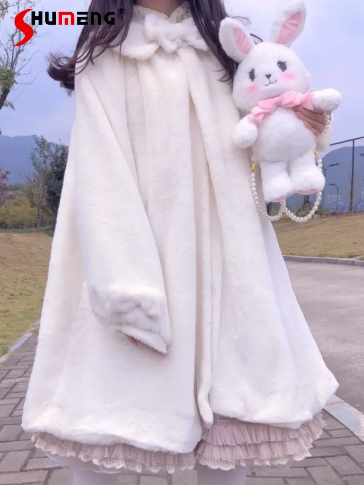 Japanese Girl Fleece-Lined Thickened Fur Coat Women Cute 2022 Autumn and Winter New Lolita Rabbit Ears Lolita White Plush Coats