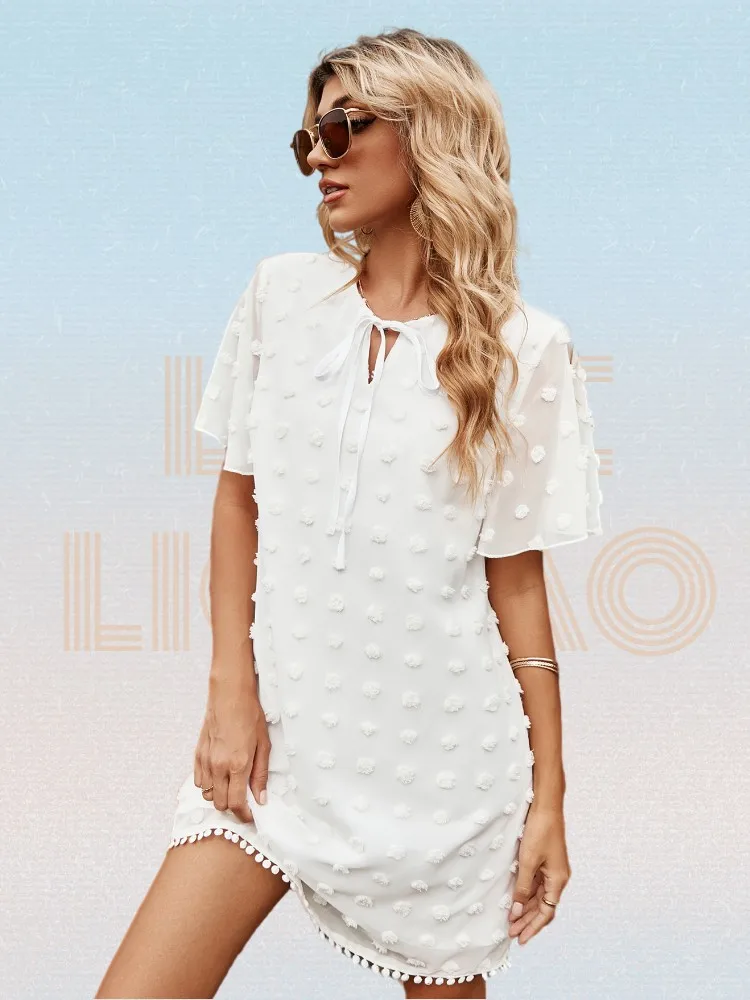 

White Double Layer Mesh Jacquard Polka Dot Dress Women Summer O-neck Short Sleeve A-line Chiffon Dress Casual Midi Ladies Dresse