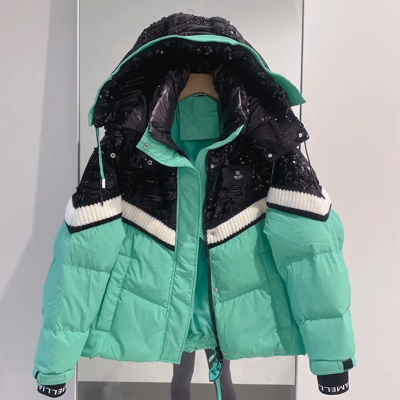 Женский короткий пуховик с блестками зимнее пальто на 2024 утином пуху 90%