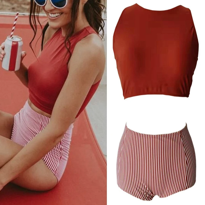 

Women's Bikini European And American Split Sexy Triple-Cornered Print High Waist Slim Swimsuit Set Red