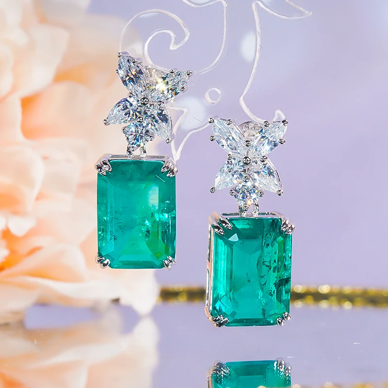 

Paraiba Tourmaline S925 Sterling Silver Drop Earrings Studs Synthetic Emeralds Fine Jewelry Wedding Party Gift for Women Classic