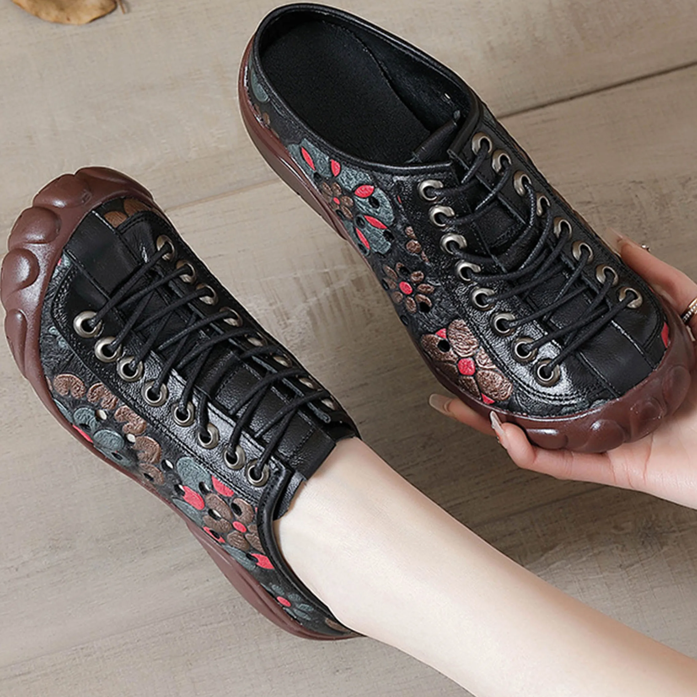 Genuine Leather Flats Women Sneakers Hollow Lace-up Comfy Round Toe 2023 New Summer Concise Leisure Retro Handmade Ladies Shoe