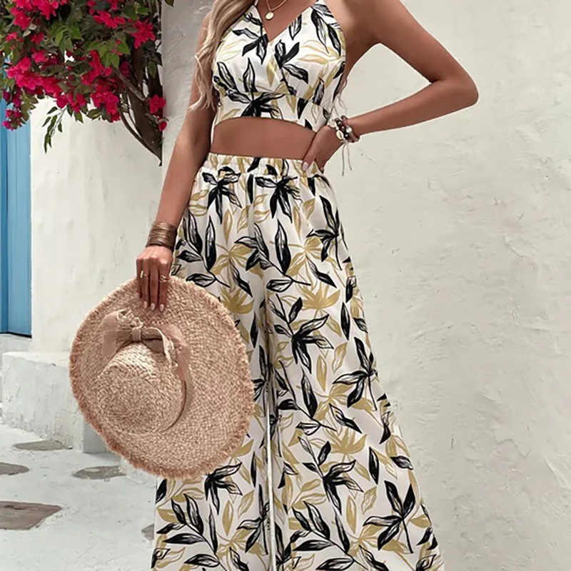

Casual Floral Print Strap V Neck Crop Top High Waist Wide Leg Pants Clothing Suit Vacation Women Elegant Fashion Two Piece Set