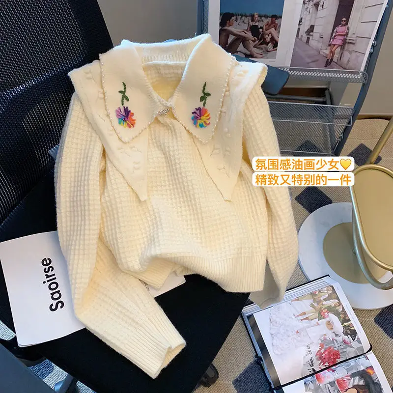 

Женский свитер, белый милый стильный Топ с длинным рукавом, вязаный зимний наряд, Женский однотонный простой стильный топ с воротником, своб...