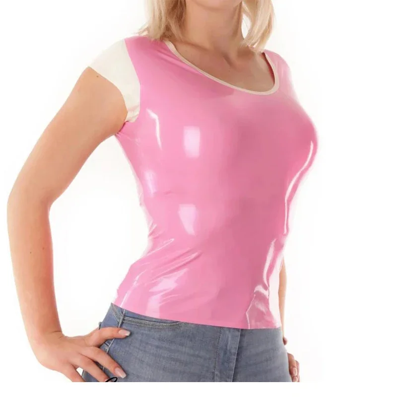Латексные женские топы Gummi рубашки с короткими рукавами розовые белые на заказ 0 4