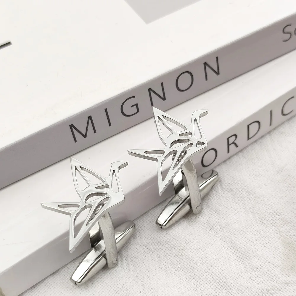 

High Quality Cufflinks Men's French Shirt Cufflinks Charm Thousand Paper Crane Shape Stainless Steel Jewelry Factory Wholesale