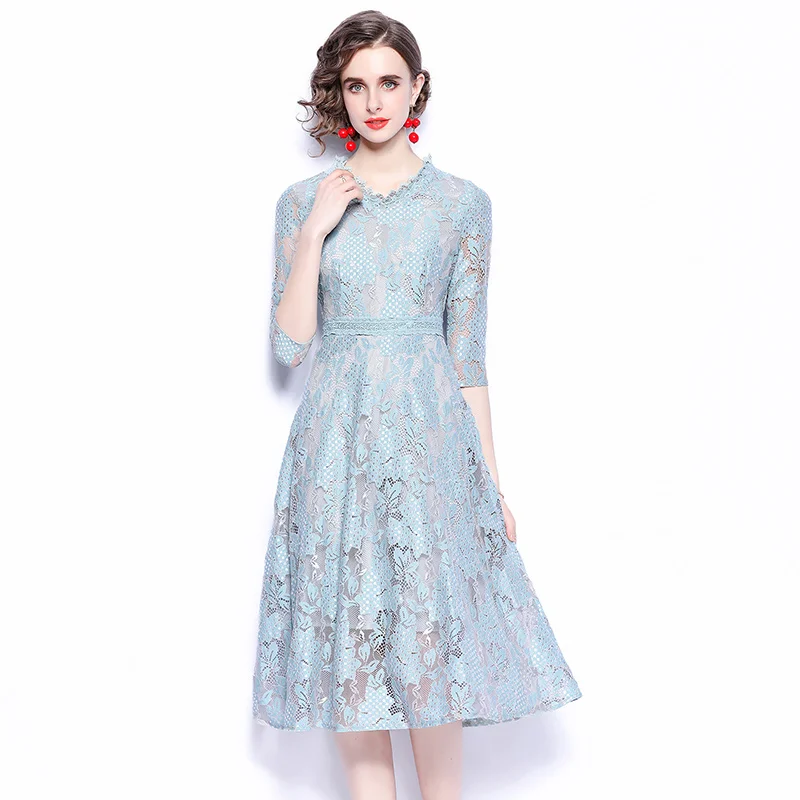 

Runway Summer V-Neck Women's All-Match Blue Mesh Floral Dress Female Elegant Luxury Causal Brand Dress Vestido Robe