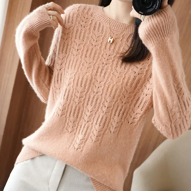 

Женский кашемировый свитер, осенне-зимний пуловер из 100% чистой шерсти, повседневные ажурные Дамские топы, Свободная трикотажная одежда с круглым вырезом