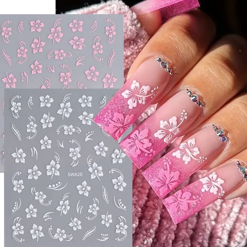 5D Hibiscus Flower Nail стикер с тиснением акриловый белый розовый Золотой лепесток лист