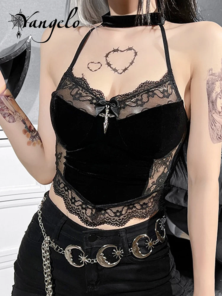 

Кружевной сетчатый кроп-топ Yangelo Goth с бретелькой через шею, сексуальная Прозрачная майка Харадзюку с вырезом на спине, бархатный бюстье с ба...