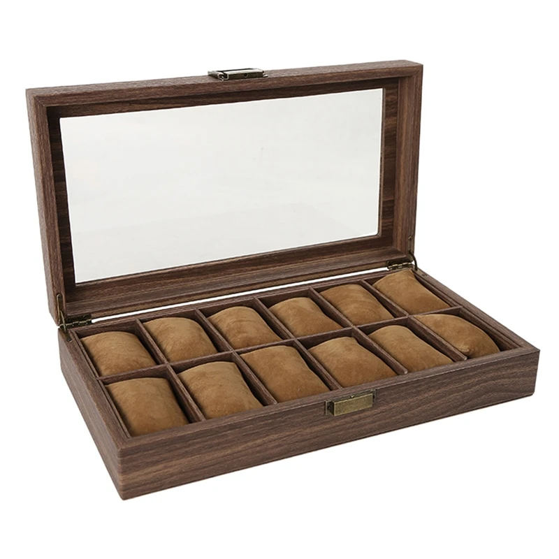 

12 Slot PU Leather Watch Box Organizer Watch Case with Glass Top