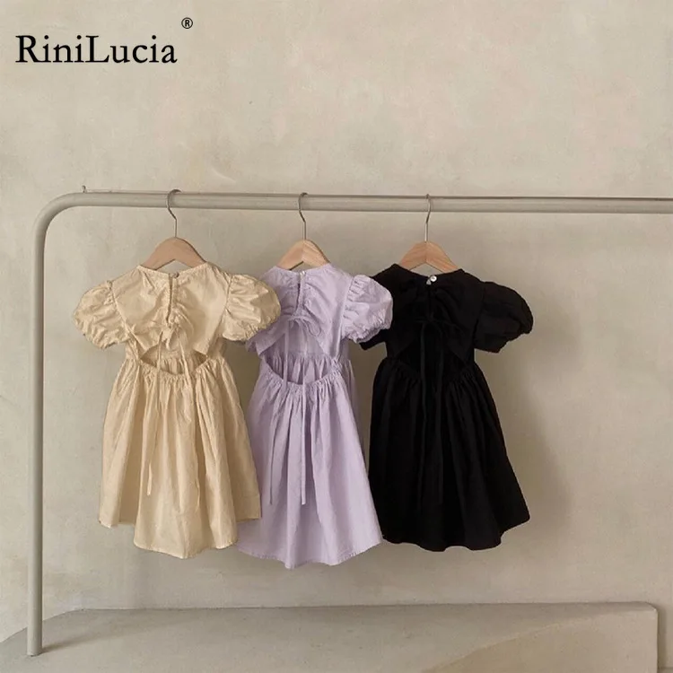 RiniLucia Girls Dress 2022 Summer New Children Dresses Korean Baby Kids Toddler Solid Backless Princess Dress for Girls