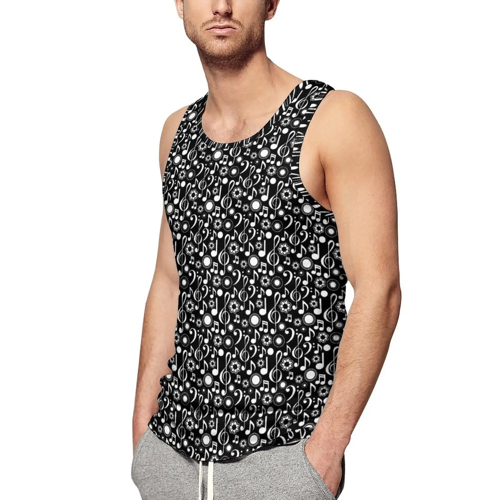 

Music Notes Beach Tank Top Musician Print Workout Tops Males Custom Trendy Sleeveless Vests Big Size