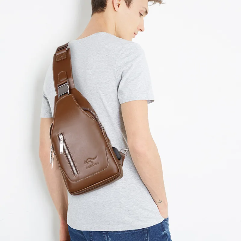 Fashion Men USB Charging Shoulder Bag Vintage PU Leather Crossbody Messenger Bag Male Trendy Sports Sling Bag