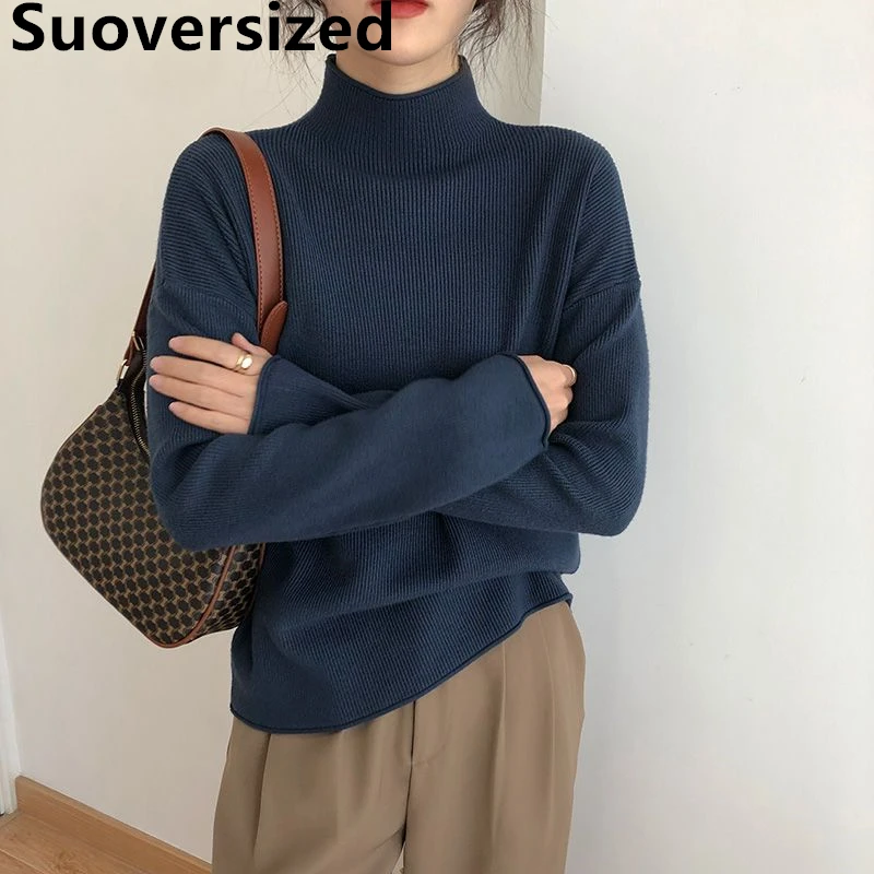 

Fall Winter Mock Neck Bottomed Sweater Women Casual Soft Long Sleeve Crochet Tops Korean Loose Basic Knitwear Pullover 2022 New