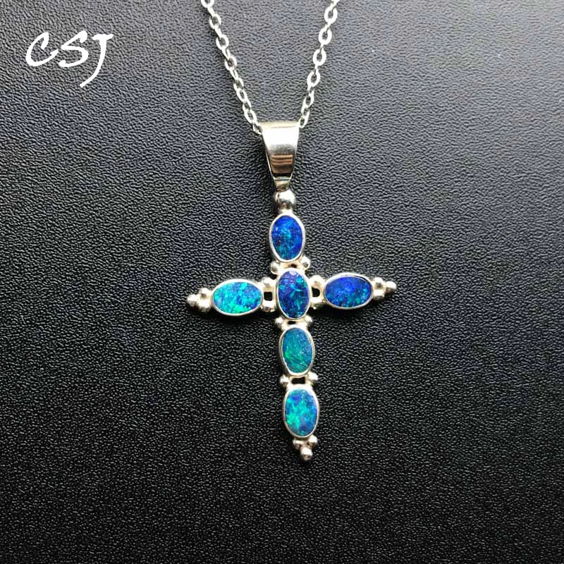 

CSJ Trendy Natural Opal Cross Pendant 925 Sterling Silver Origin Australia Hand Made Jewelry Necklace for Women Party Gift