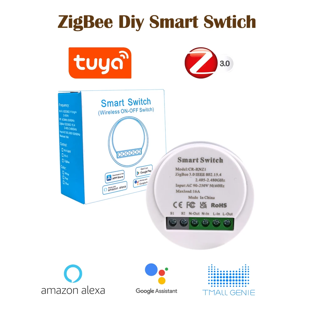 Фото Умный выключатель ZigBee, выключатель света «сделай сам», работает с приложением Tuya/Smart Life, работает с Alexa и Google Home, напряжение 16 А, переменный ток 90-250 В №1