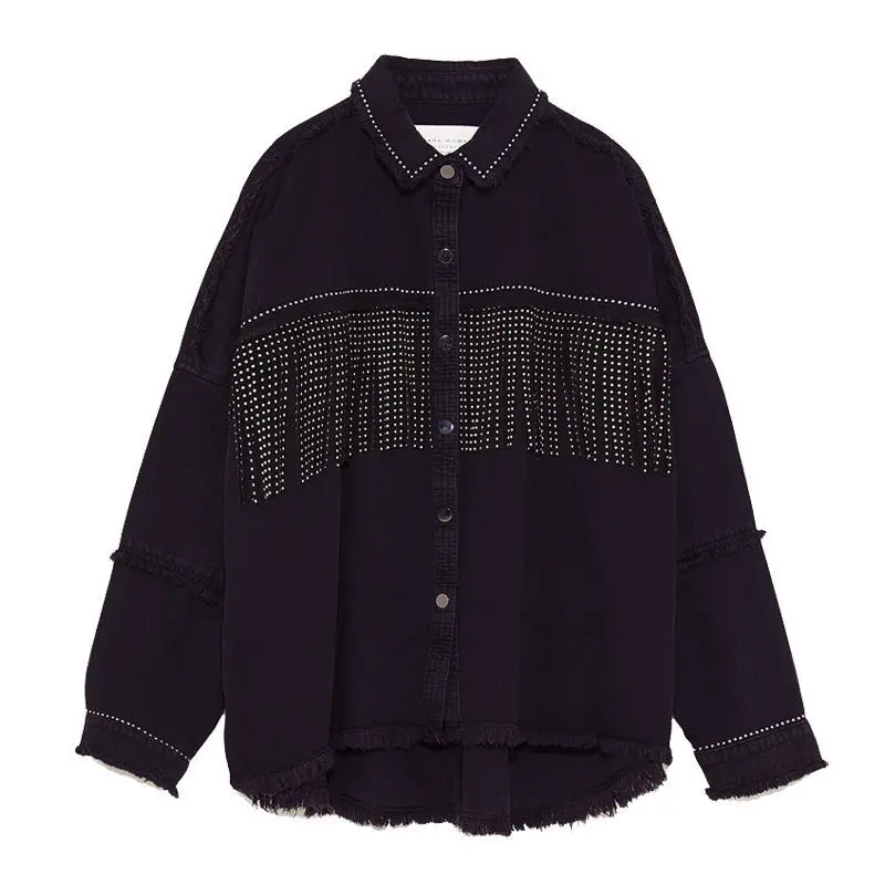 NEW Women's Black Fringe Decorative Jacket Autumn Hot Drilling Raw Edge Long Sleeve Lapel Slim Casual Street Coat Female S-2XL