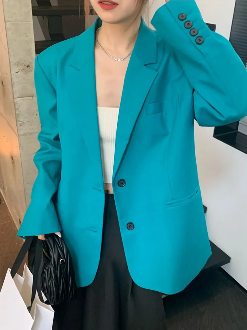 Lake blue Loose Blazers For Women Notched Collar Long Sleeve Single Breasted Spring Casual Fashion Suits Jacket Female Clothing