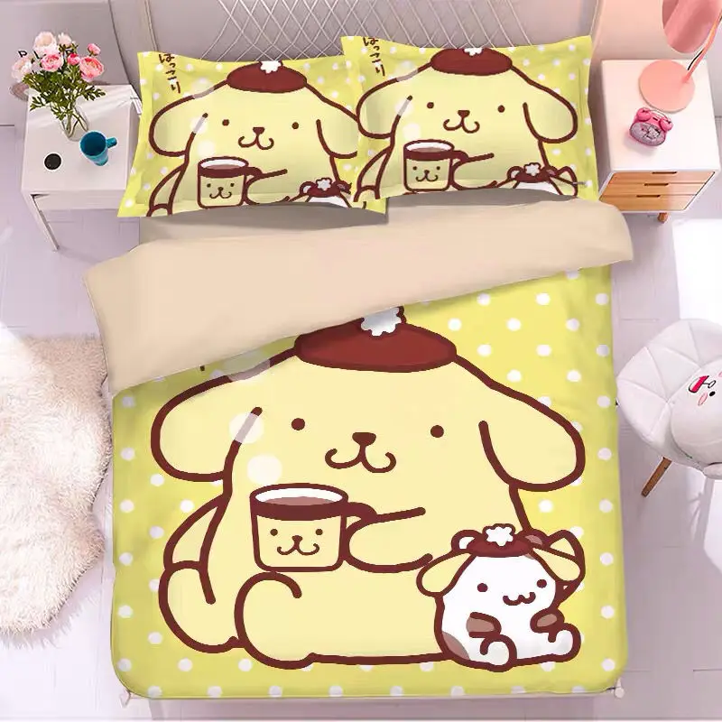 

4PCS Double bed skin-friendly kawaii bedding set 1.5m Sanrio cartoon animation home textile Pompom Purin comfortable bedclothes