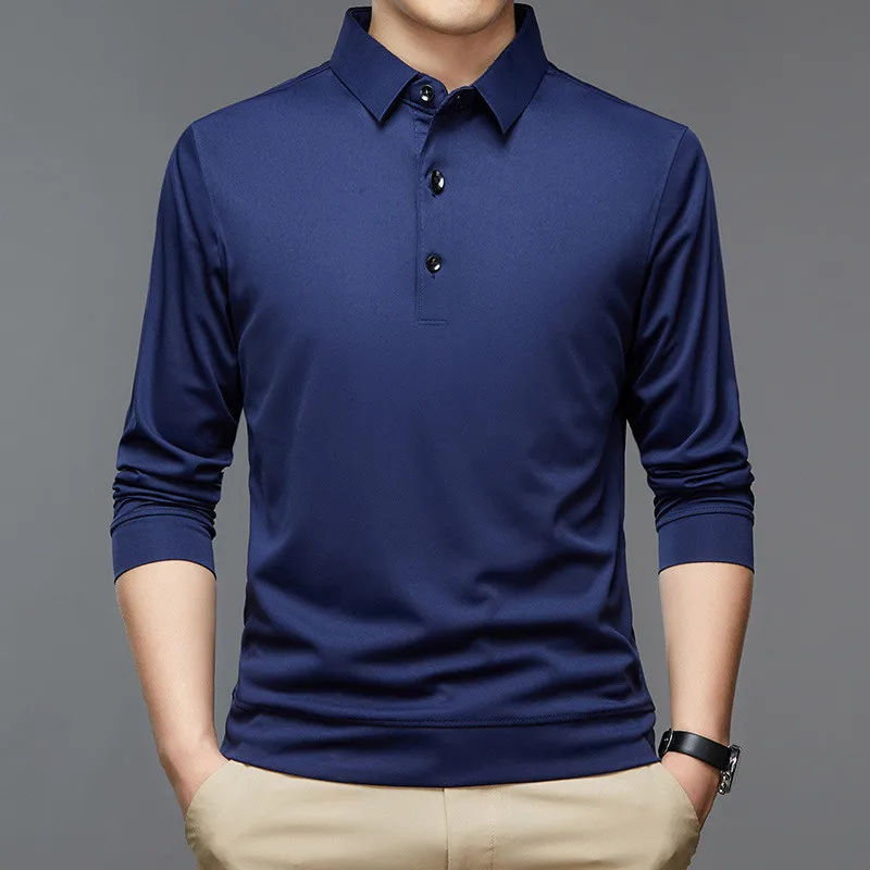 

2023 New Men Polo Shirt Casual Business Tops Solid Polos Shirts Mens Long Sleeve Polo Homme Fashion Korean Slim Lapel Tee