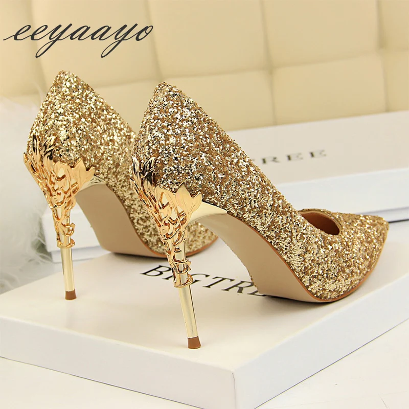 

2022 New Spring Women Pumps High Thin Heels Pointed Toe Metal Decoration Sexy Bling Bridal Wedding Women Shoes Gold High Heels