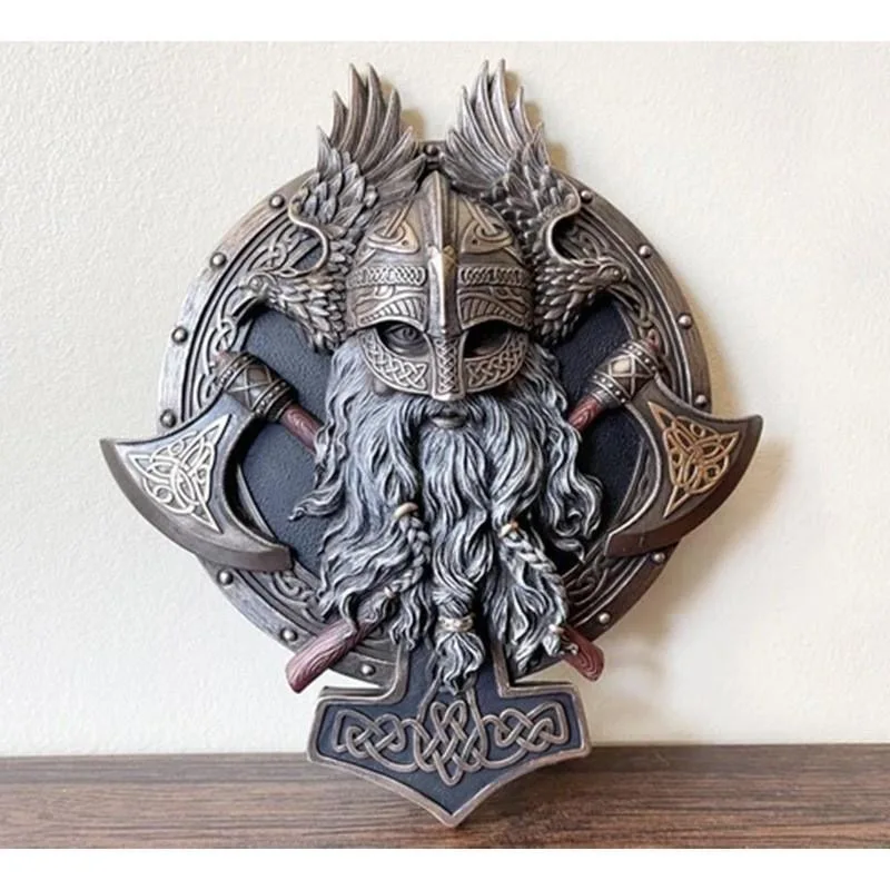 

1PC Viking Crazy Warrior Double Axe Wall Decorative Plaque Classical Resin Ornament Wall Decorative Plaques Figurines Home Decor