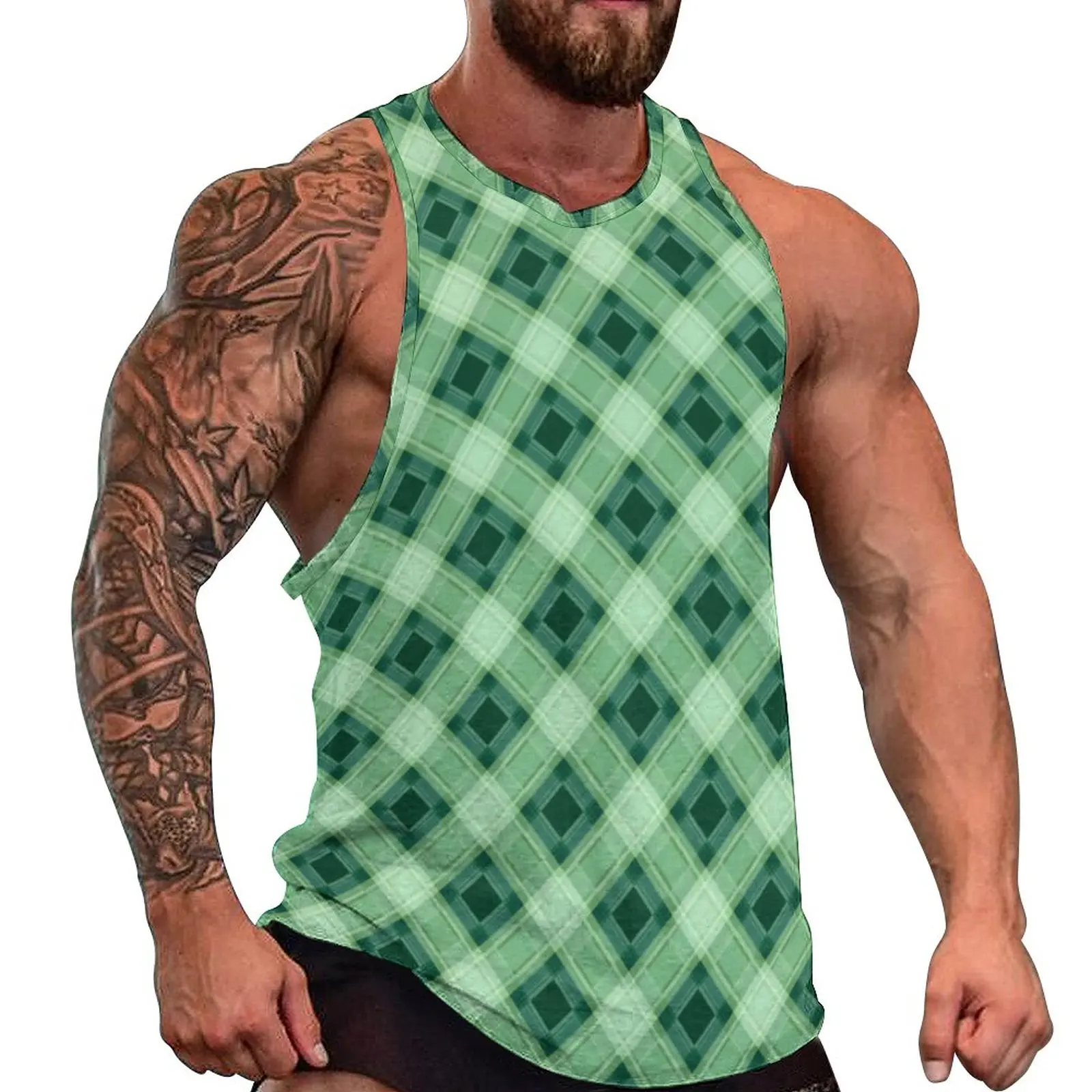 

Abstract Geo Print Tank Top Males Checkered Plaid Workout Oversized Tops Summer Trendy Graphic Sleeveless Vests