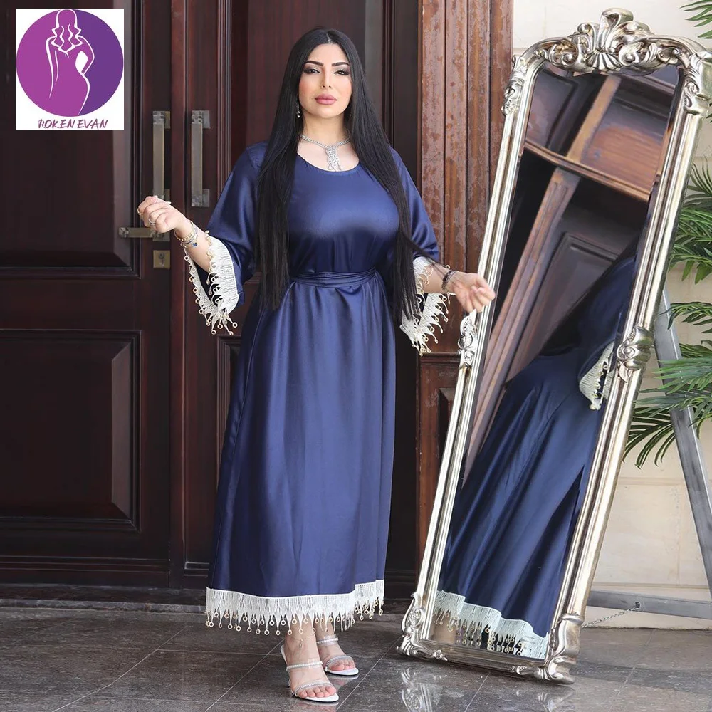 

2022 Women Muslim Caftan Marocain Dress Blue Islamic Clothing For Women Ramadam Abaya Maxi Dress