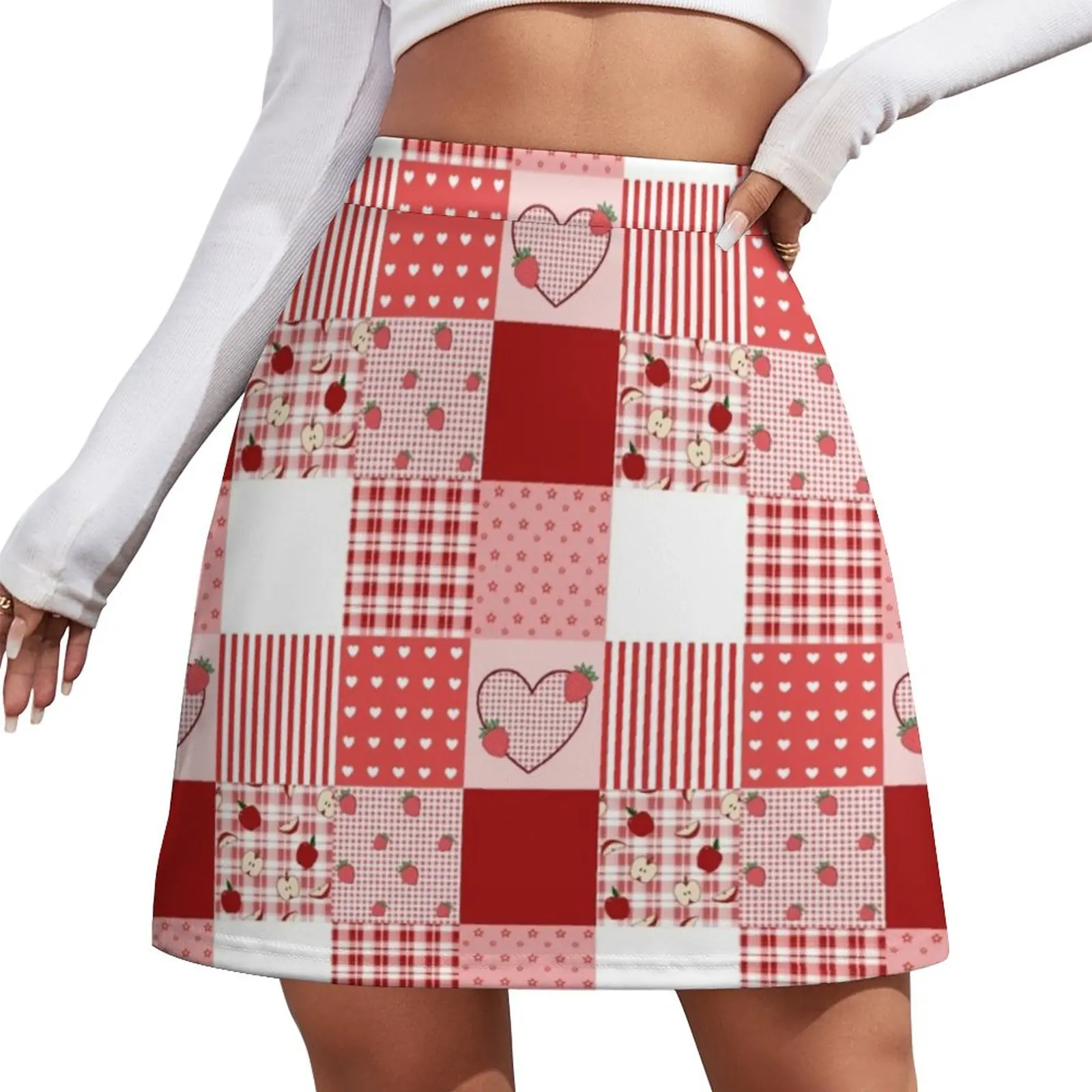 

Red And White Patchwork Skirt Woman Valentine Heart Vintage Mini Skirts Summer Street Wear High-waist Print Casual A-line Skirt