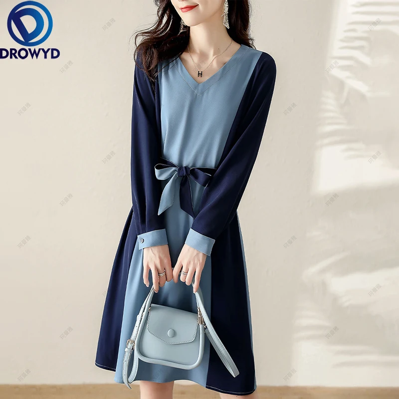 

New Summer Dress Women Fashion Chiffon Dress Office Ladies Elegant Long Sleeve O-Neck Contrast Color Tunic Dress Female Vestidos