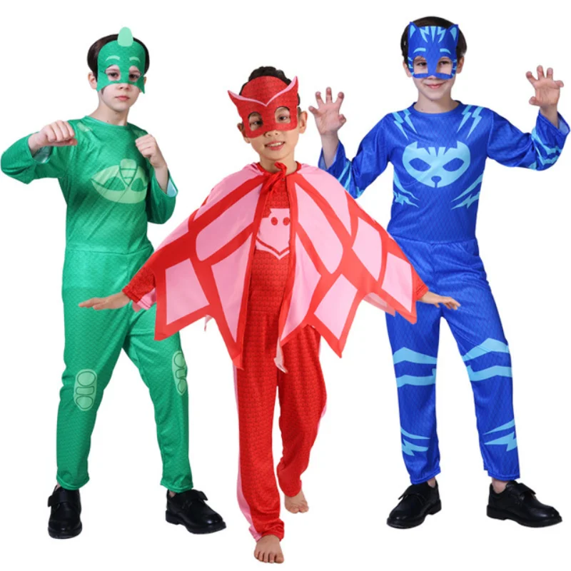 Child Cat Blue Boy Night Hero Jumpsuits Pajamas Cosplay Costume with Mask Cloak Birthday Party Dress Red Green Carnival Costumes