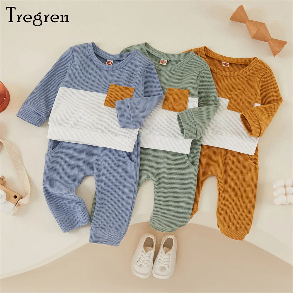 

Tregren 0-3Y Toddler Baby Boys 2pcs Clothes Sets Casual Contrast Color Pocket Patchwork Sweatshirt Tops Pants Outfits Clothing