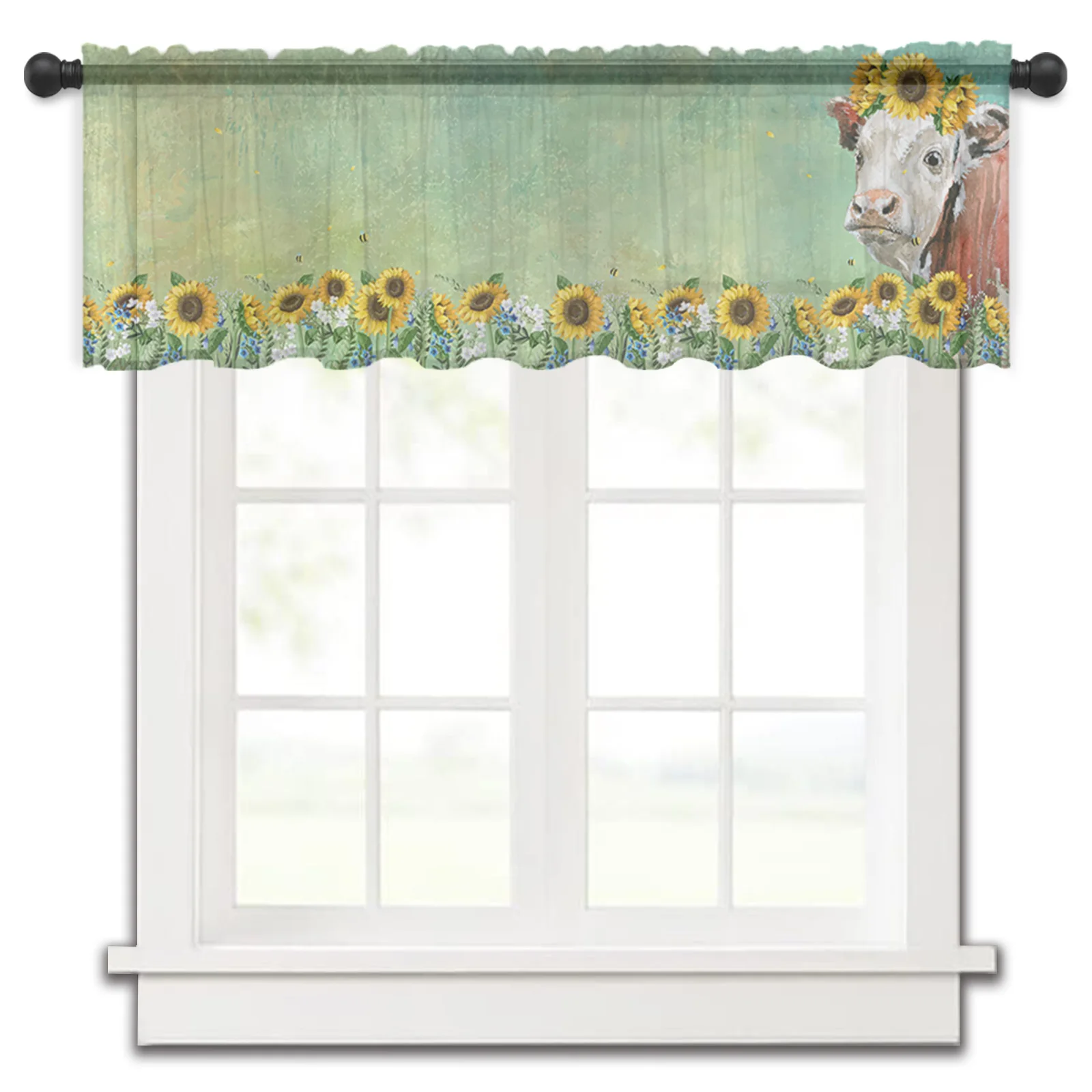 

American Country Style Sunflower Cow Farm Kitchen Curtains Tulle Sheer Short Curtain Bedroom Living Room Home Decor Voile Drapes