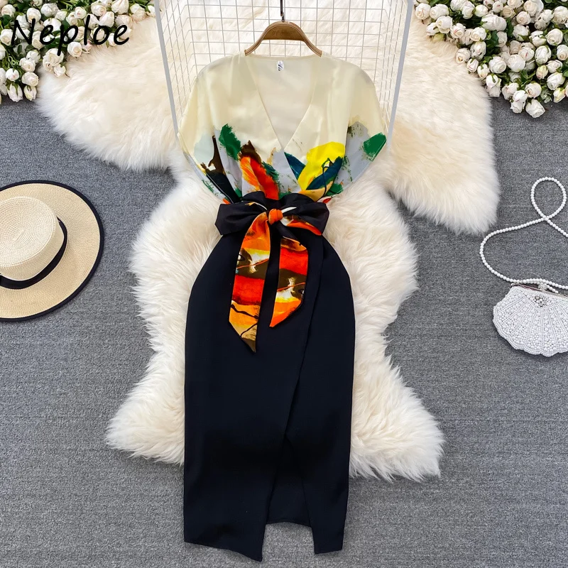 

Neploe Spring Summer New Fashion Ladies Dress High-end V-neck Print Waistband Vestidos Mujer Elegant Temperament Split Dresses