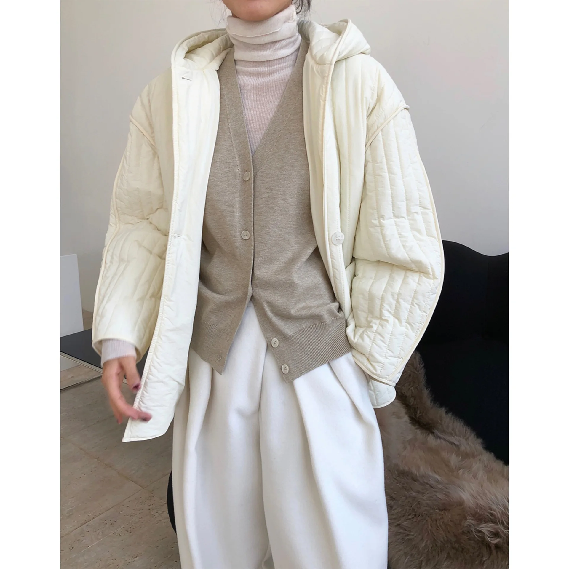 New Profile Quilted Hooded Cotton Jacket Loose Slimming and All-Matching Warm Thick Coat Women Fluorescent green loose jacket