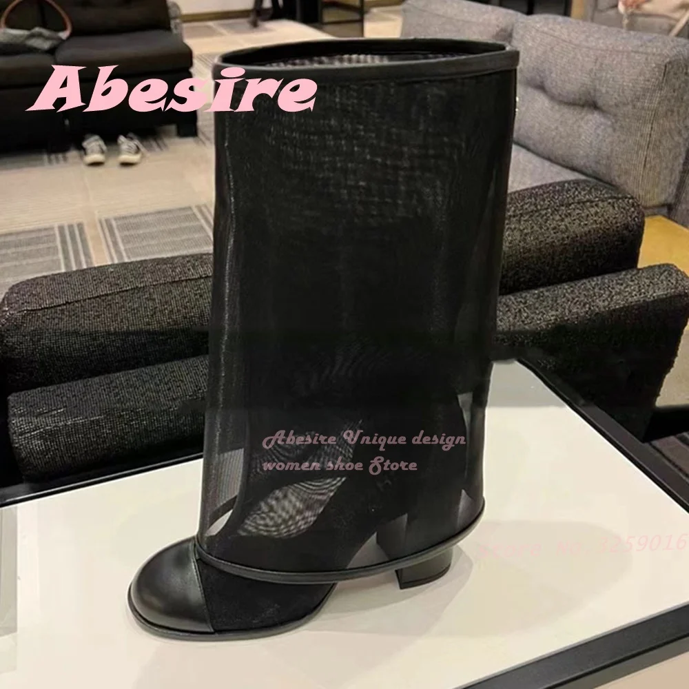 

Женские сандалии без застежки, черные сетчатые сандалии до колена с круглым носком, на толстом каблуке, обувь для подиума, новинка 2023