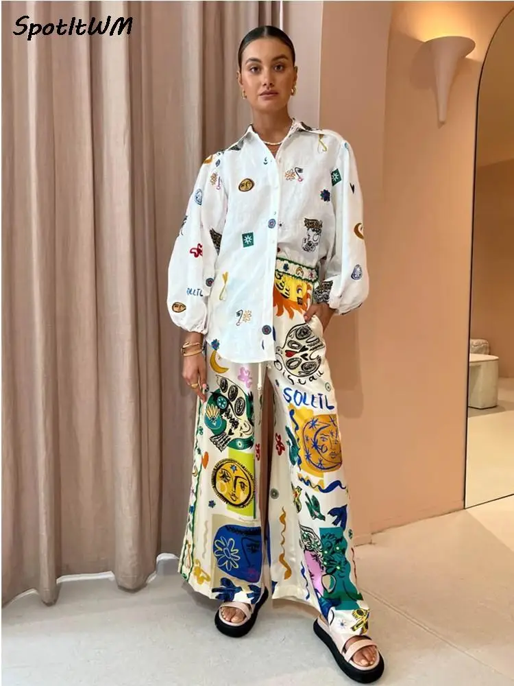 

Print Long Lantern Sleeve Single Breasted Lapel Shirts Women's Loose Turn-down Collar Top Female Summer Casual Holiday Blouse