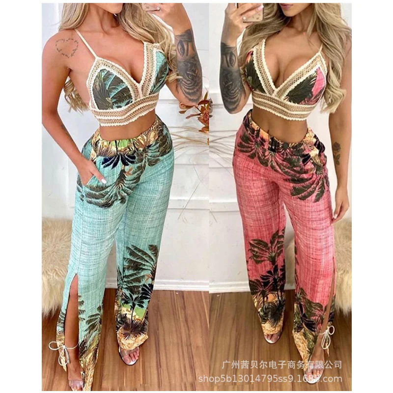 

Mandylandy Women Summer Pants Set Fashion Leaf Print Outfits Y2K Boho Strap V Neck Crop Top Elastic High Waist Trouser 2 Pcs Set