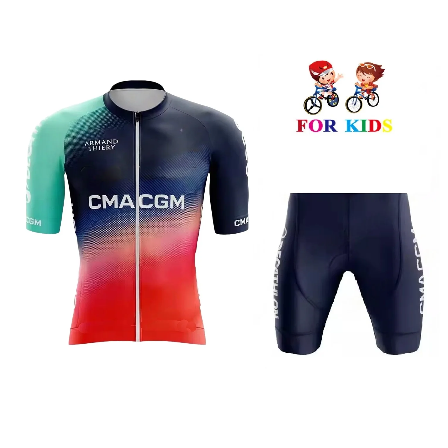 Фото Детская велосипедная форма KID'S 2026 UAE MEXICO BULL BORAful CMA CGM TEAM: веломайка с коротким рукавом и шорты №5