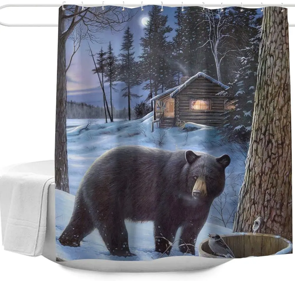 

Nature Forest Black Bear Winter Shower Curtains Set for Bathroom Polyester Fabric Waterproof Decorative Bath Curtains with Hooks