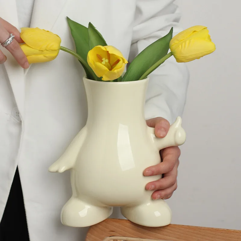 

White Enamel Human-shaped Vase Flower Arrangement Hydroponic Vase Flower Pot Cartoon Character Shaped Vases Ceramic Crafts Decor