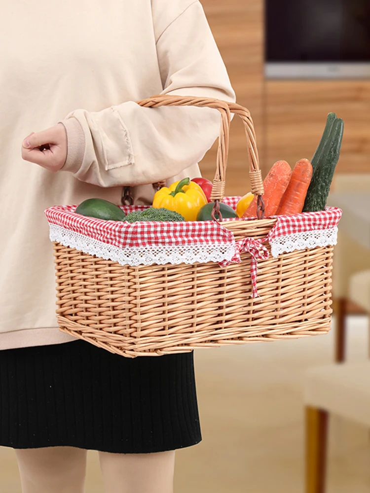 

New Wicker Basket with Double Handles Picnic Camping Storage Basket Bread Fruit Food Flower Display Woven Basket Home Storage