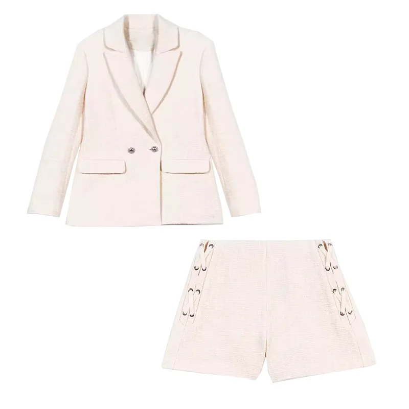 

Maje Tweed Suit Suit 2023 Early Autumn New Splicing Fashion Office Lady Long-sleeved Jacket + Lace-up Shorts