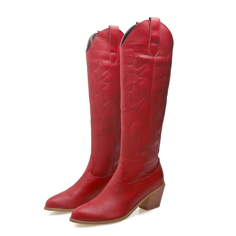 

Western Cowboy Boots Women 2022 Winter New Retro Embroidery Design Round Toe Chunky Heels Black Knight Boots Plus Size 54 Boats