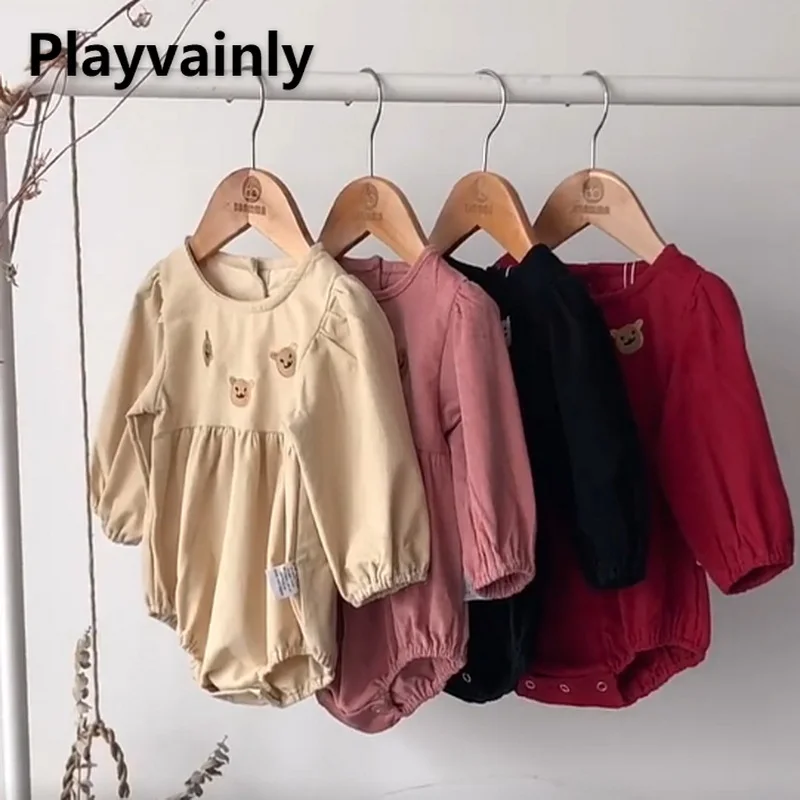 

2022 Korean Style New Spring Baby Girls Boy Bodysuit Round Collar Long Sleeves Bear Embroidery Jumpsuit Newborn Clothes E9802
