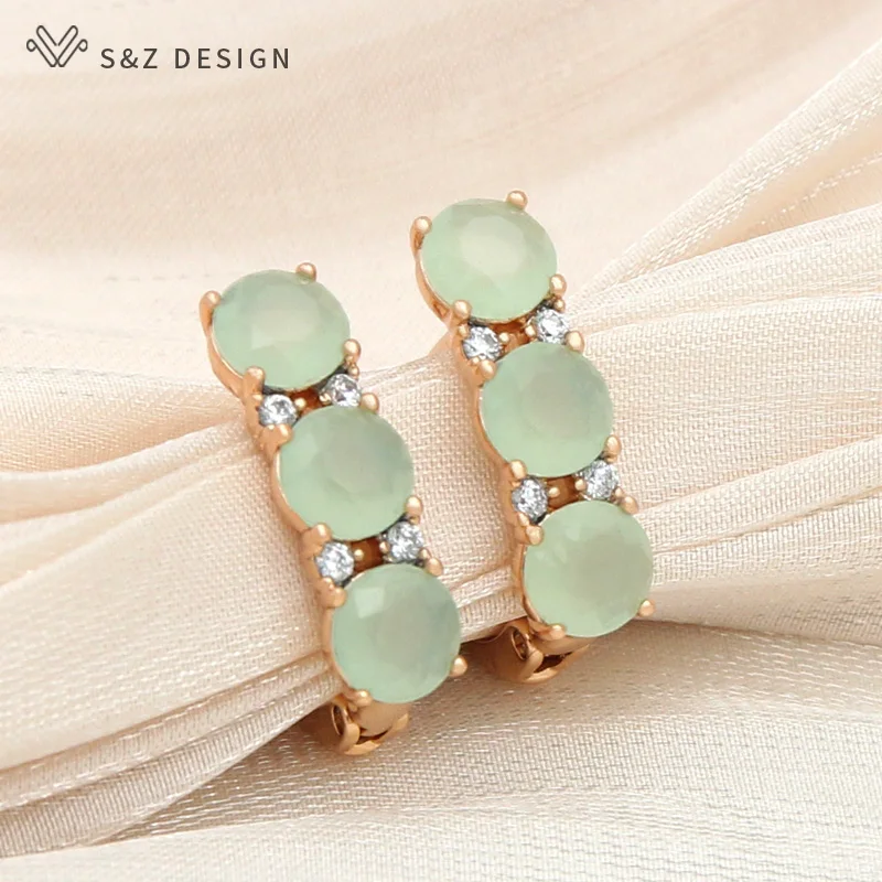 

S&Z DESIGN New Fashion Green Round Crystal Dangle Earrings For Women Wedding Jewelry Champagne Color Cubic Zirconia Eardrop