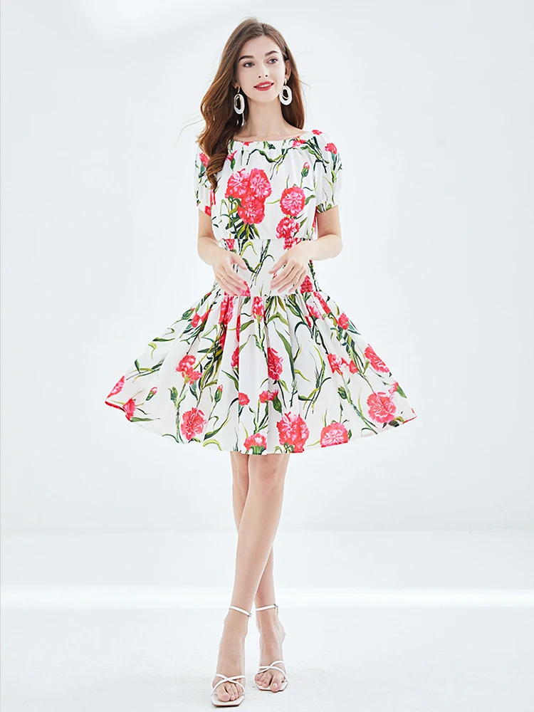 

Женское короткое платье с открытыми плечами, модельное платье мини с вырезом лодочкой и пышными рукавами, праздничное пляжное платье с цветочным принтом и эластичной талией, M522, лето