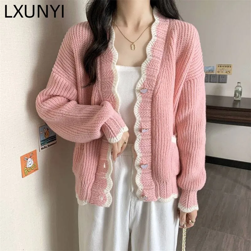 

Трикотажный кардиган LXUNYI для женщин, белый свитер контрастных цветов в Корейском стиле, новая верхняя одежда, весна-осень 2023