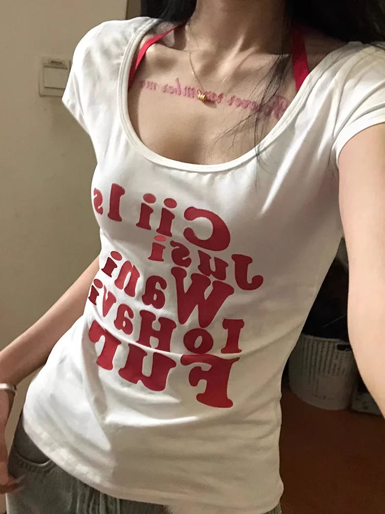 Женская футболка Y2K винтажный топ эстетическая повседневные тонкие женские топы